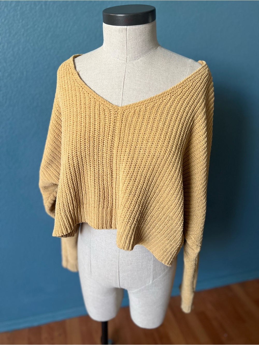 Mustard V-Neck Cropped Knit Sweater - Women